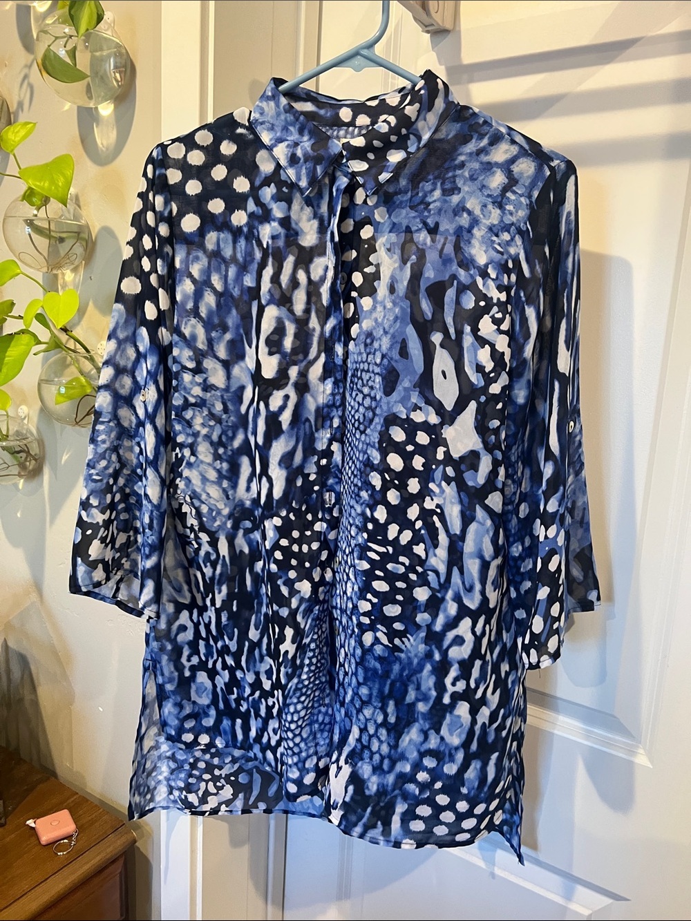 Chico's Blue and White Abstract Print Button-Down Sheer Shirt